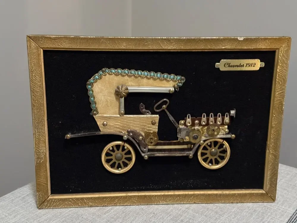 ✨ VTG MCM 60s 70s Folk Art Chevrolet 1912 Car Picture Velvet Steampunk Parts 13”